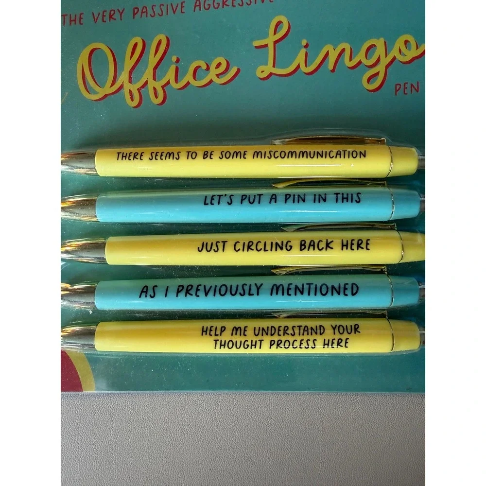 Fun Club Passive Aggressive Office Lingo 5 Pack Black Ink Ballpoint Pen Set New